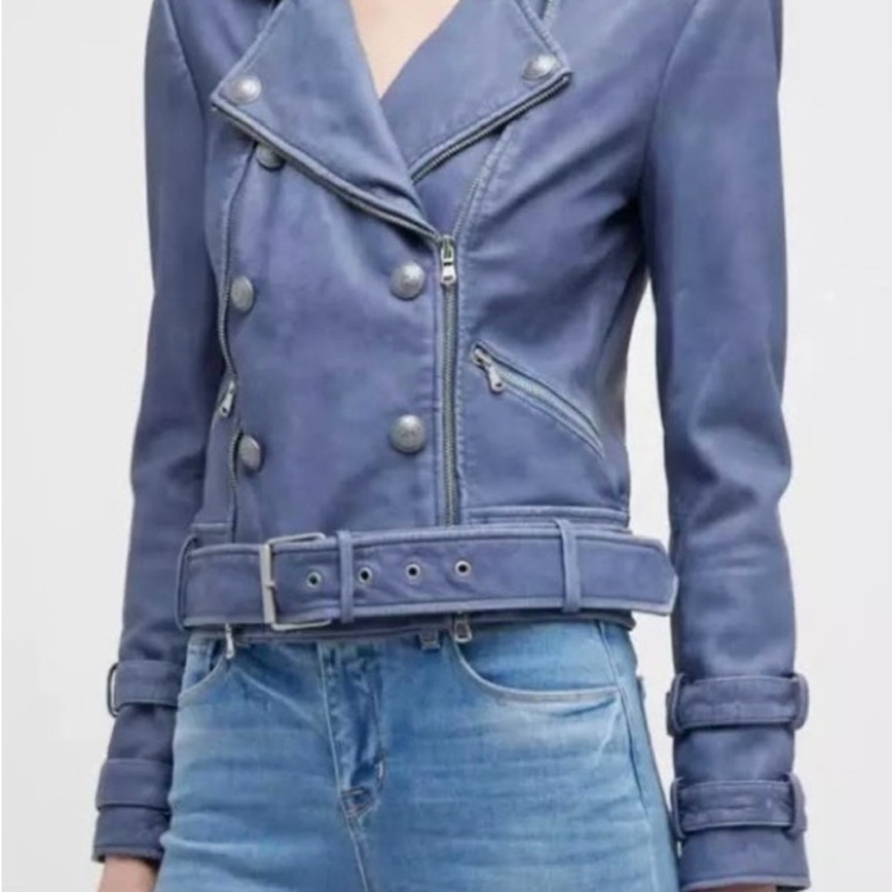 L’AGANCE BILLY BELTED LEATHER MOTO JACKET -  Washed Blue - Medium